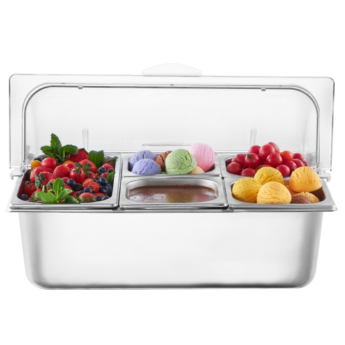 VEVOR 5 Pan Countertop Food Serving Display Container, Stainless Steel Food Serving Tray, Buffet Condiment Dispenser Display Rack with Clear Lid & 3