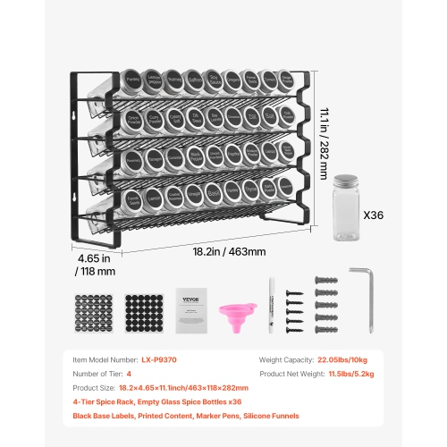 Range-épices de 18 x 11 po pour armoire VEVOR, range-épices avec 36 pots à épices vides, couvercles, étiquettes d'épices et entonnoir complet,