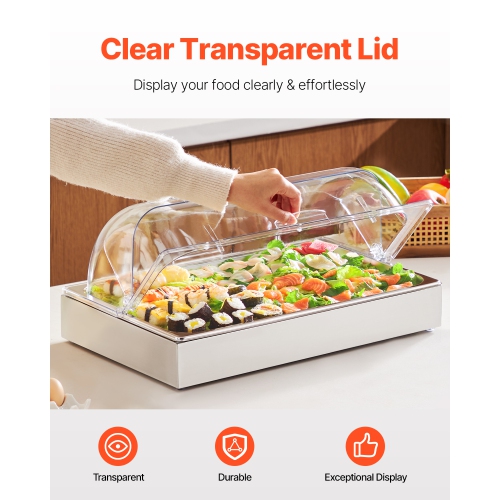 VEVOR 1 x 1 Pan Countertop Food Serving Display Container, Stainless Steel Food Serving Tray, Buffet Condiment Dispenser Display Rack with Clear Lid