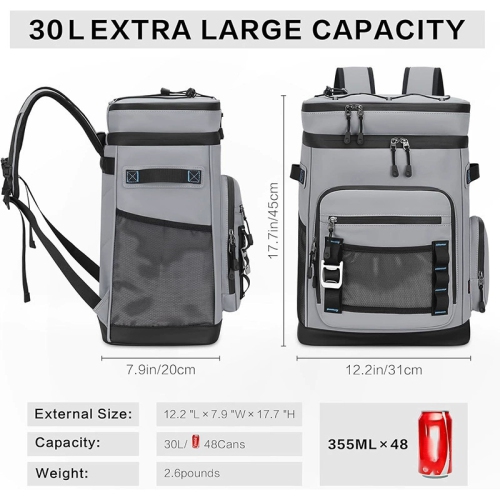 Large Waterproof Insulated Cooler Backpack for Men Women Leakproof Cooler Backpack Camping Beach Fishing Picnic Travel Outdoor 30L 48 Cans Gray