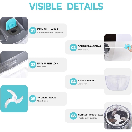 Manual Food Processor Vegetable Chopper,Portable Hand Pull String Garlic Mincer Onion Cutter for Veggies Ginger Fruits Nuts Herbs-500ml