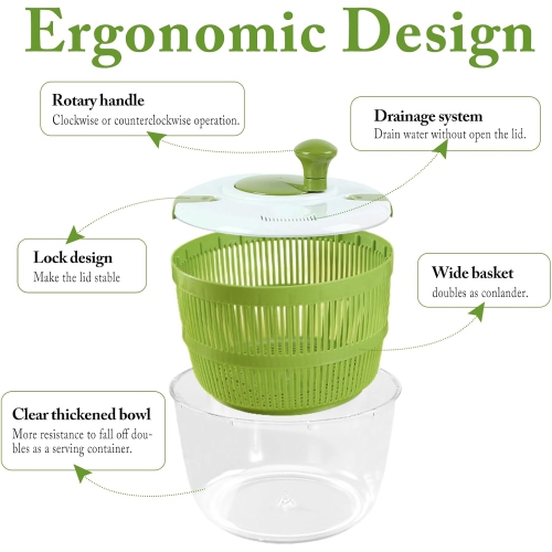 Large Salad Spinner with Lid,5L Capacity Manual Vegetable Dryer with Double-Lock Handle,Quick & Easy Multi-Use Lettuce Spinner,Vegetable Dryer,Fruit