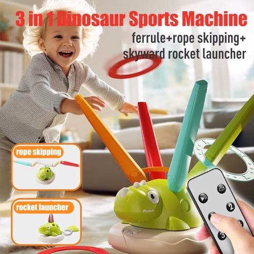 Dinosaur 3-in-1 music jumping, ring throwing game toy and rocket launcher, suitable for children's outdoor toys, with remote control, indoor and