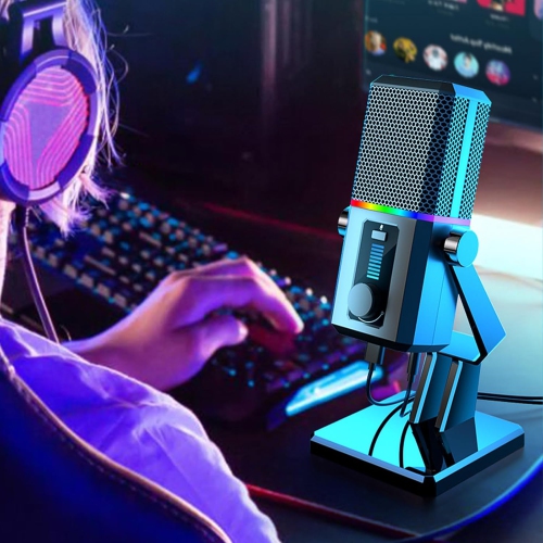 Gaming Microphone, USB Dynamic Gaming Microphone for PC with RGB Light, Mute Button, Gain Control, Desktop Podcasting Microphone for Studio Twitch