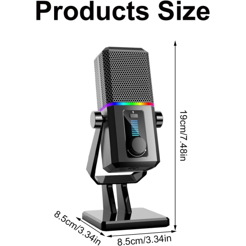 Gaming Microphone, USB Dynamic Gaming Microphone for PC with RGB Light, Mute Button, Gain Control, Desktop Podcasting Microphone for Studio Twitch