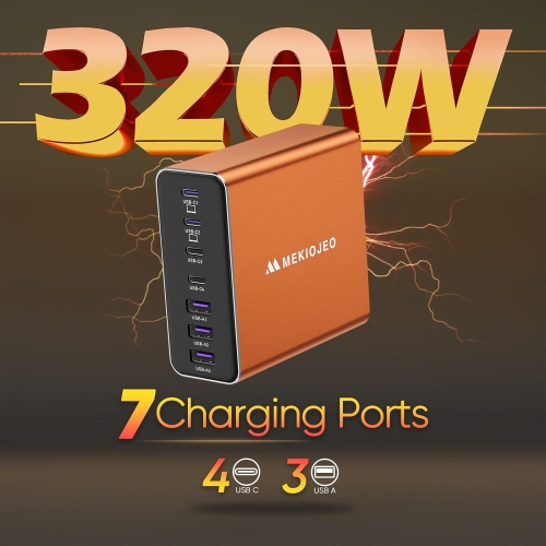 Mekiojeo Aluminum Alloy USB C GaN Charger USB C Charging Station 7 Ports 65W - Orange
