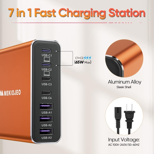 Mekiojeo Aluminum Alloy USB C GaN Charger USB C Charging Station 7 Ports 65W - Orange