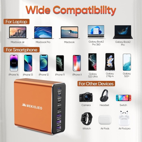 Mekiojeo Aluminum Alloy USB C GaN Charger USB C Charging Station 7 Ports 65W - Orange