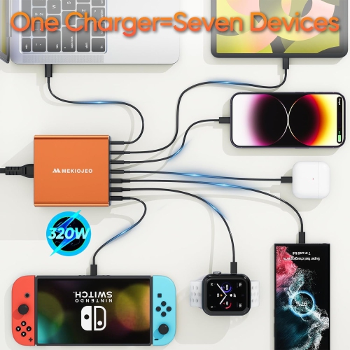 Mekiojeo Aluminum Alloy USB C GaN Charger USB C Charging Station 7 Ports 65W - Orange