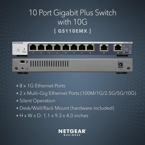 Remis à neuf – Commutateur Gigabit Ethernet Smart Managed Plus à 10 ports de NETGEAR (GS110EMX-100NAS) | Liaisons ascendantes 10G/Multi-Gig à 2 ports