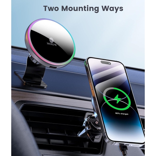 M for Magsafe Car Mount Charger-Magnetic Car Phone Holder Wireless Car Charger for Dash Air Vent-LED RGB HandsFree Car Mount Fast Car Charger for