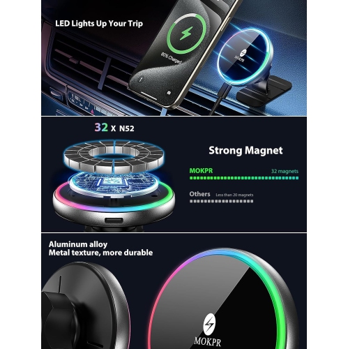 M for Magsafe Car Mount Charger-Magnetic Car Phone Holder Wireless Car Charger for Dash Air Vent-LED RGB HandsFree Car Mount Fast Car Charger for
