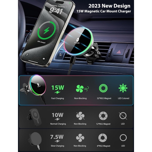 M for Magsafe Car Mount Charger-Magnetic Car Phone Holder Wireless Car Charger for Dash Air Vent-LED RGB HandsFree Car Mount Fast Car Charger for