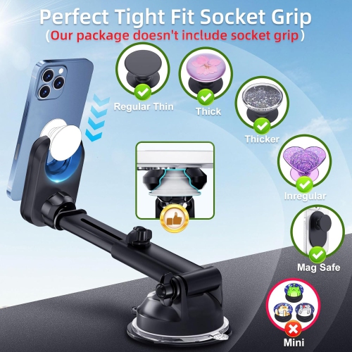 p Car Phone Mount for Pop Socket: Suction Cup Cell Phone Holders for Automobile Dashboard Windshield Window - Dash Mounted Cellphone Stand Black Fits