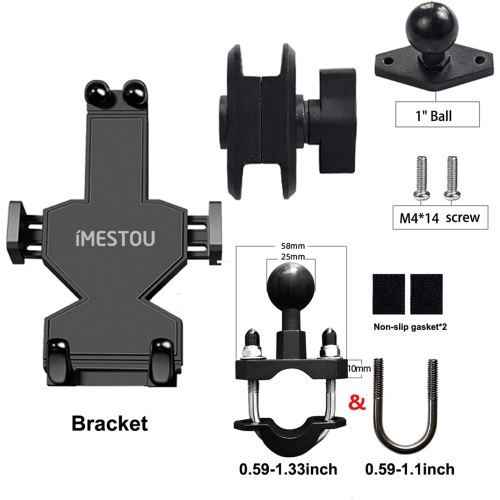 i Aluminium Motorcycle Phone Mount U-Bolt Handlebar 1 Ball Stem Cellphone Holder 360 Rotating with Length Width Adjustable Universal for Max.7.2 inch