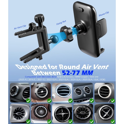 A Car Round Vent Phone Mount for Mercedes Benz A/B/C/E/G-Class/GLA/GLK/EQE/Mini Cooper [Big Phone & Thick Case Friendly], Hands Free Car Phone