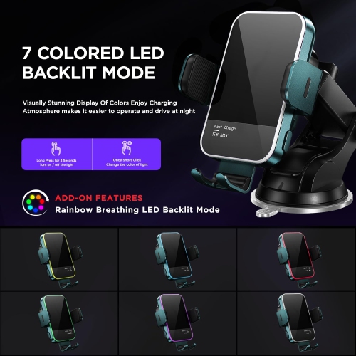 Wireless Car Charger,(7 Colored LED Backlit) 15W Auto Clamping Phone Mount Holder fit for iPhone 14 13 12 Mini Pro Max 11 XR XS X, Samsung Galaxy S23