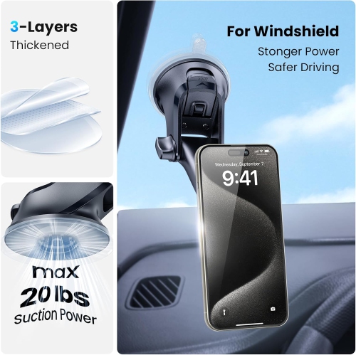 A Magnetic Phone Car Mount, Dashboard Windshield Industrial-Strength Suction Cup Car Phone Mount Holder with Adjustable Telescopic Arm,6 Strong