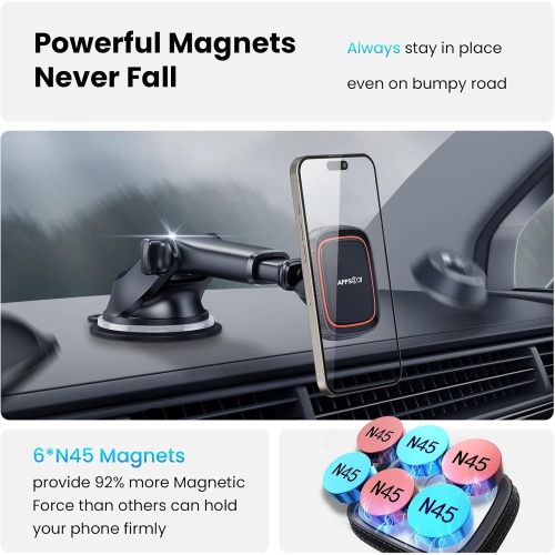 A Magnetic Phone Car Mount, Dashboard Windshield Industrial-Strength Suction Cup Car Phone Mount Holder with Adjustable Telescopic Arm,6 Strong