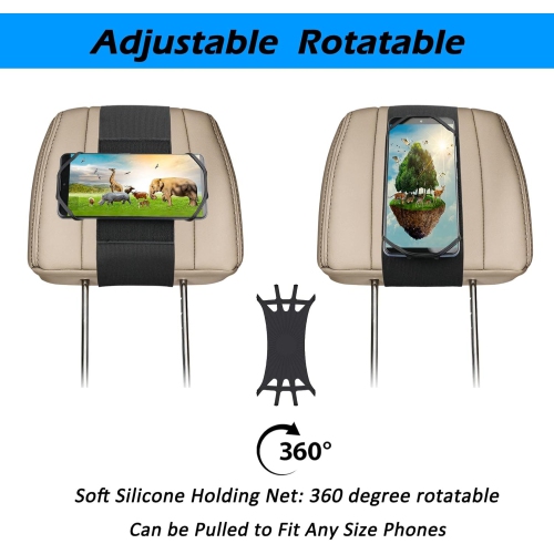 W Car Headrest Phone Holder for Kids Back Seat - Compatible with iPhone, Samsung and Other Cell Phones - Soft Adjustable Silicone Holding Net