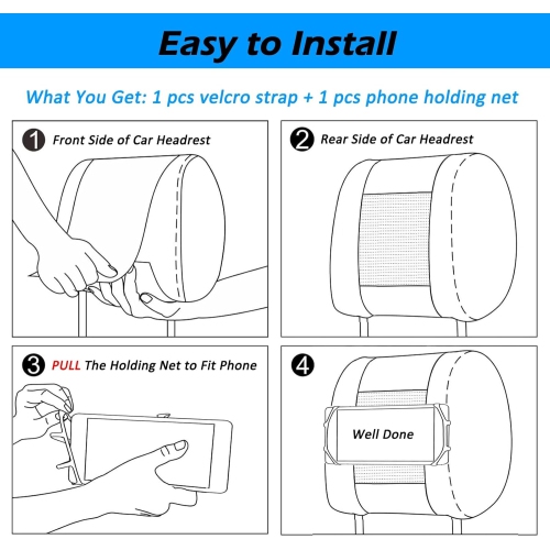 W Car Headrest Phone Holder for Kids Back Seat - Compatible with iPhone, Samsung and Other Cell Phones - Soft Adjustable Silicone Holding Net