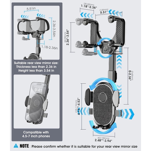 S [Version 2024] Rear View Mirror Phone Holder, Rearview Mirror Accessories, Flexible Rotating Multifunctional 360° Retractable Mobile Phone Holder