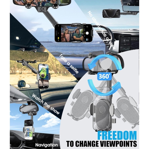 S [Version 2024] Rear View Mirror Phone Holder, Rearview Mirror Accessories, Flexible Rotating Multifunctional 360° Retractable Mobile Phone Holder