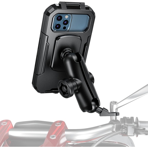 OECECA  I Waterproof Motorcycle Phone Mount Bike 1 Ball Cellphone Holder for Rear-View Mirror Installtion w Anti-Theft Double Socket Arm 720°