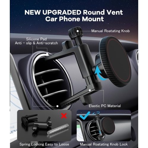 A Magnetic Round Vent Car Phone Holder for Jeep Wrangler JL(2018-2025) Gradiator Compass (2009-2016), Air Vent Car Mount Compatible with MagSafe for