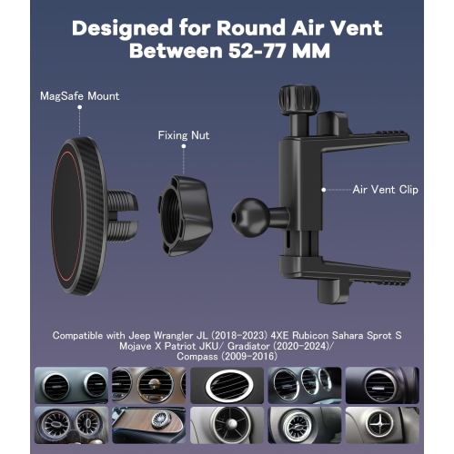 A Magnetic Round Vent Car Phone Holder for Jeep Wrangler JL(2018-2025) Gradiator Compass (2009-2016), Air Vent Car Mount Compatible with MagSafe for