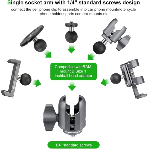 F Single Socket Arm with 1/4-20 Metric Thread Compatible with RAM Mounts B Size Double Socket Arm