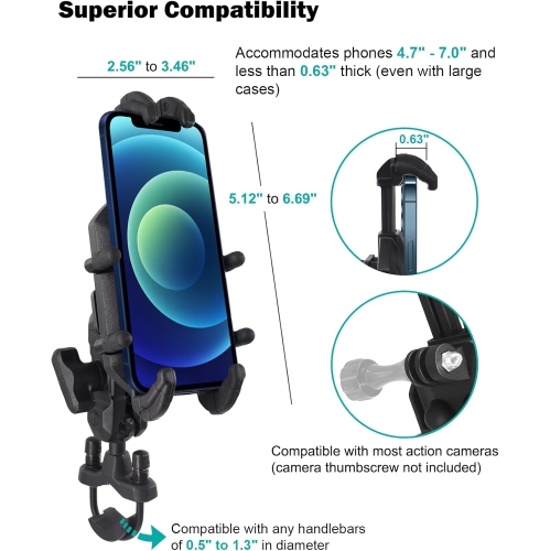 W Motorcycle Phone Mount with Vibration Dampener for 4.7 - 7.0 Cellphone, Anti Vibration Motorcycle Cell Phone Holder, Suitable for Handlebar and