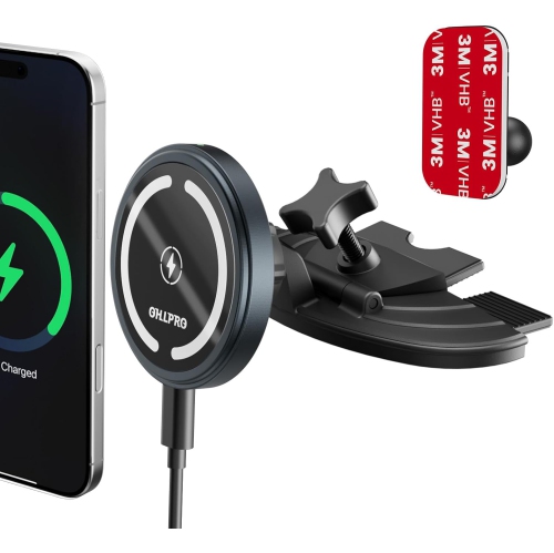 O for 15W MagSafe Car Mount Charger for iPhone 16, Fast Wireless Charging, Magnetic CD Slot Holder with 3M Adhesive Base for Dashboard, Aluminum