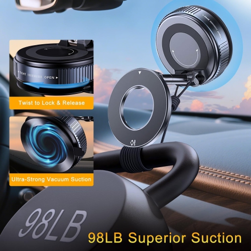 J 360ยฐ Adjustable Vacuum Magnetic Suction Car Phone Holder, Swivel Locking Vacuum Phone Mount, Suction Cup Magnetic Cell Phone Holder Compatible with