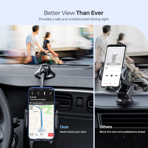 Car Phone Holder Mount, Long Arm Dashboard Windshield Phone Holder with Anti-Shake Device, Strong Suction Cup Car Mount Compatible with iPhone 14 13