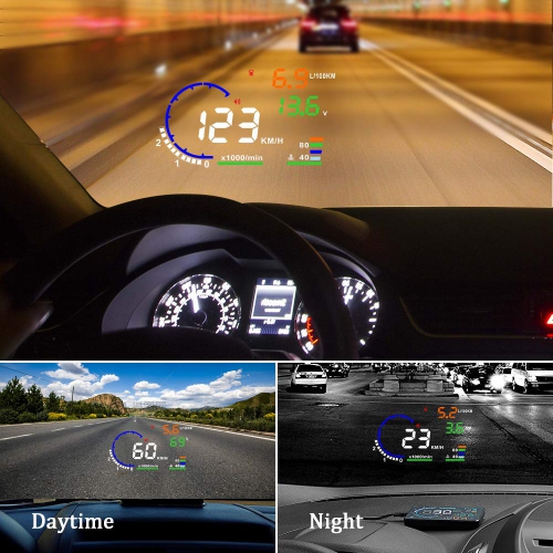 A 5.5 inches A8 OBD2 Windshield HUD Head Up Display with Display RPM MPH Speeding Warning Fuel Consumption Temperature