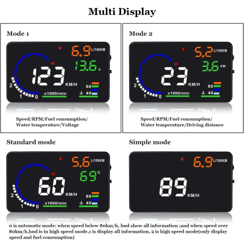 A 5.5 inches A8 OBD2 Windshield HUD Head Up Display with Display RPM MPH Speeding Warning Fuel Consumption Temperature