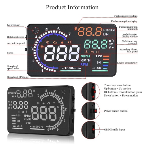 A 5.5 inches A8 OBD2 Windshield HUD Head Up Display with Display RPM MPH Speeding Warning Fuel Consumption Temperature