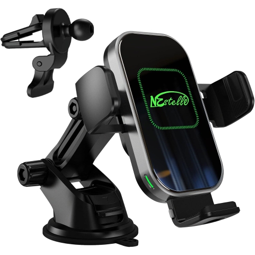 15W Wireless Car Phone Charger Mount, N Certified Auto Clamping Grips Fast Charge, Cell Phone Holder Stand pad mounting Vehicle Air Vent, Dashboard,