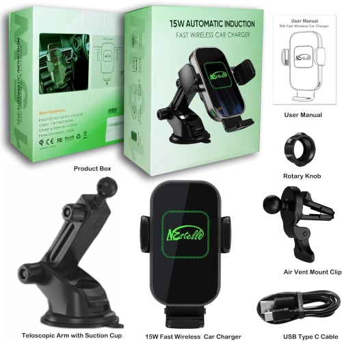 15W Wireless Car Phone Charger Mount, N Certified Auto Clamping Grips Fast Charge, Cell Phone Holder Stand pad mounting Vehicle Air Vent, Dashboard,