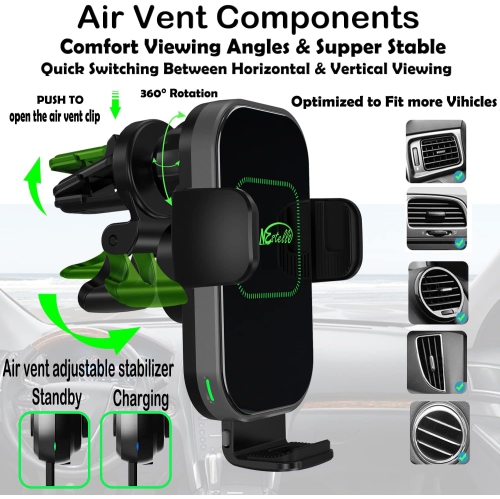 15W Wireless Car Phone Charger Mount, N Certified Auto Clamping Grips Fast Charge, Cell Phone Holder Stand pad mounting Vehicle Air Vent, Dashboard,