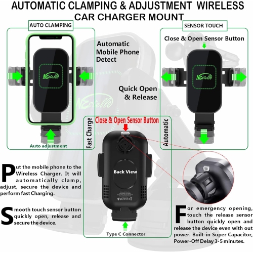 15W Wireless Car Phone Charger Mount, N Certified Auto Clamping Grips Fast Charge, Cell Phone Holder Stand pad mounting Vehicle Air Vent, Dashboard,