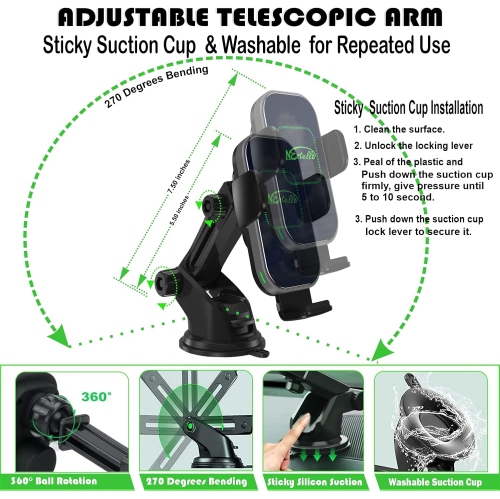 15W Wireless Car Phone Charger Mount, N Certified Auto Clamping Grips Fast Charge, Cell Phone Holder Stand pad mounting Vehicle Air Vent, Dashboard,