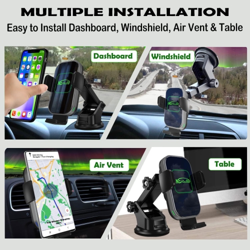 15W Wireless Car Phone Charger Mount, N Certified Auto Clamping Grips Fast Charge, Cell Phone Holder Stand pad mounting Vehicle Air Vent, Dashboard,