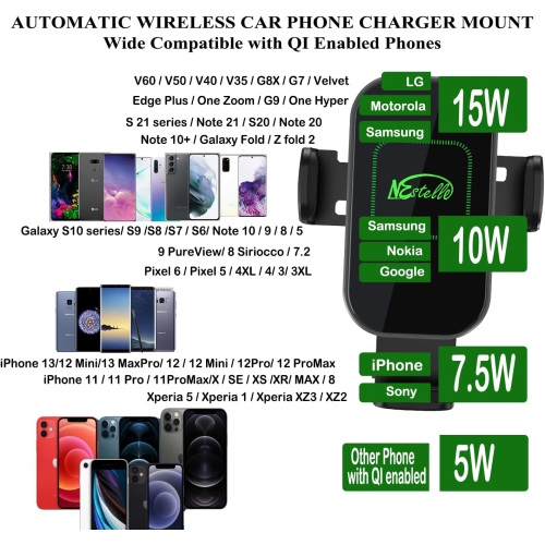 15W Wireless Car Phone Charger Mount, N Certified Auto Clamping Grips Fast Charge, Cell Phone Holder Stand pad mounting Vehicle Air Vent, Dashboard,