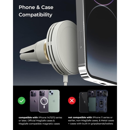 i Velox Mini MagSafe Compatible Wireless Charging Air Vent Car Phone Mount in Astral Gray. Designed for MagSafe Series iPhones Including iPhone 12,