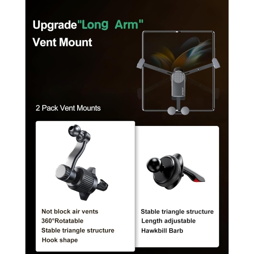 x Z Fold 5 Car Holder(2 Pack Hooks) Vent Fold 4 3 Car Holder Aluminum, Universal Gravity Car Mount for Samsung Galaxy Z Fold 5 4 3 2 Phone 15 14 Pro