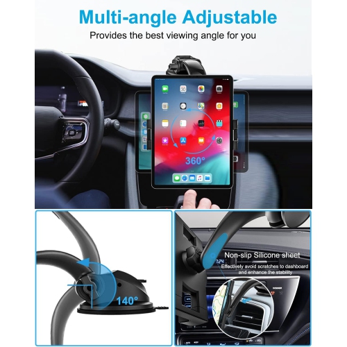 Car Dashboard Tablet Mount, w Car Dash Tablet & Phone Holder with Strong Sticky Gel Suction Cup for iPad Pro 9.7, 11, 12.9 / Air/Mini, iPhone, Galaxy