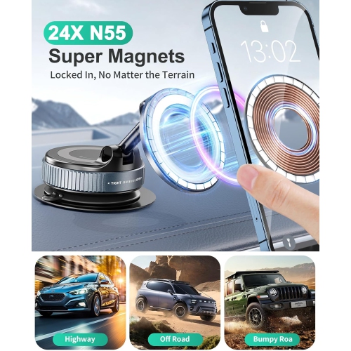 Vacuum Magnetic Car Phone Holder for MagSafe, 360°Magnetic Phone Holder for Car Hands-Free Suction Cup Car Phone Holder Mount for
