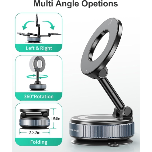 Vacuum Magnetic Car Phone Holder for MagSafe, 360°Magnetic Phone Holder for Car Hands-Free Suction Cup Car Phone Holder Mount for
